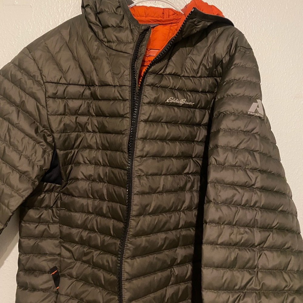 Eddie Bauer Kids' Quilted Jacket in olive green and orange interior